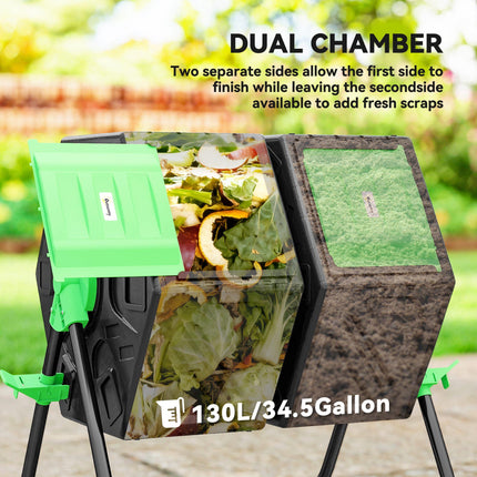 130L Dual Chamber Compost Bin with Rotating Design and Steel Legs - Green