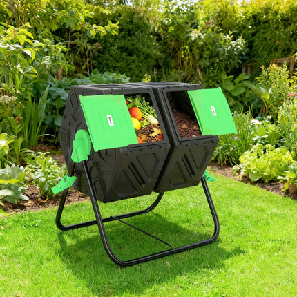 130L Dual Chamber Compost Bin with Rotating Design and Steel Legs - Green