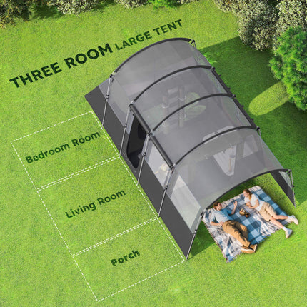 8 Person Waterproof Tunnel Camping Tent with 4 Large Windows - Grey