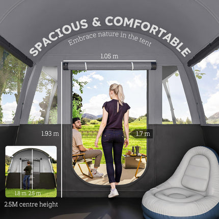 8 Person Waterproof Tunnel Camping Tent with 4 Large Windows - Grey