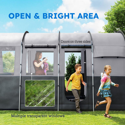 8 Person Waterproof Tunnel Camping Tent with 4 Large Windows - Grey