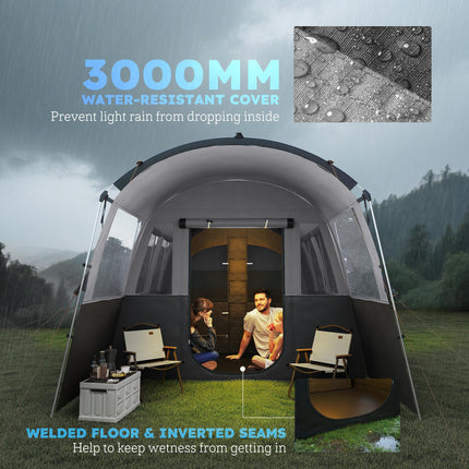 8 Person Waterproof Tunnel Camping Tent with 4 Large Windows - Grey