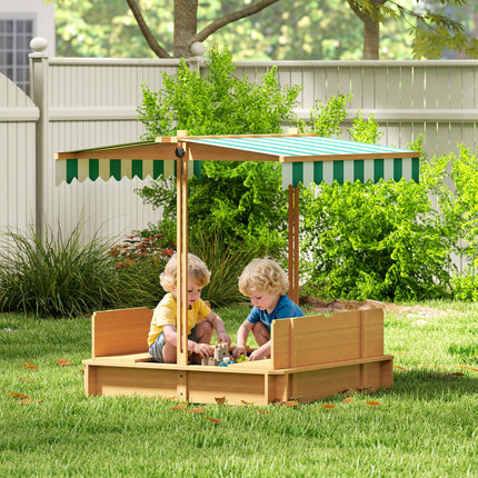 Wooden Sandpit with Adjustable Canopy and Benches - Light Brown