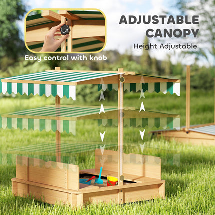 Wooden Sandpit with Adjustable Canopy and Benches - Light Brown