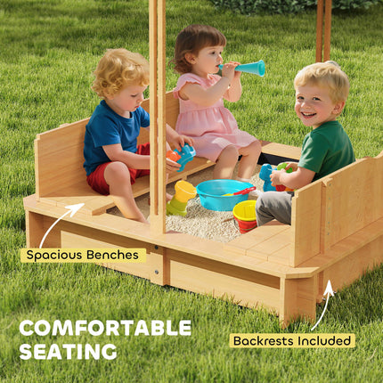 Wooden Sandpit with Adjustable Canopy and Benches - Light Brown