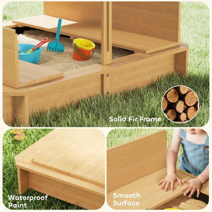 Wooden Sandpit with Adjustable Canopy and Benches - Light Brown