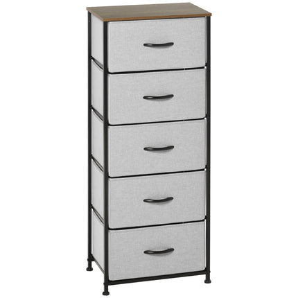 Industrial Chest of Drawers with 5 Fabric Storage Drawers, Steel Frame & Wooden Top - Grey