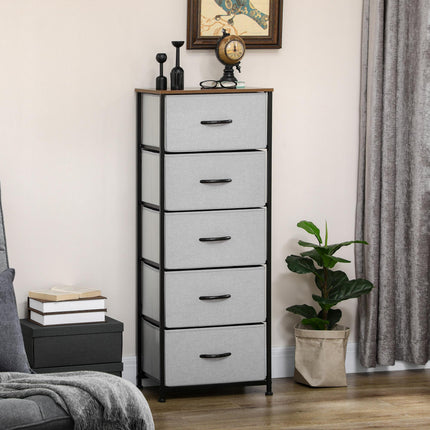 Industrial Chest of Drawers with 5 Fabric Storage Drawers, Steel Frame & Wooden Top - Grey