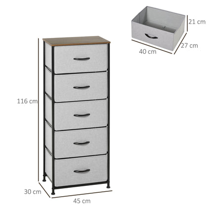Industrial Chest of Drawers with 5 Fabric Storage Drawers, Steel Frame & Wooden Top - Grey