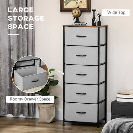 Industrial Chest of Drawers with 5 Fabric Storage Drawers, Steel Frame & Wooden Top - Grey