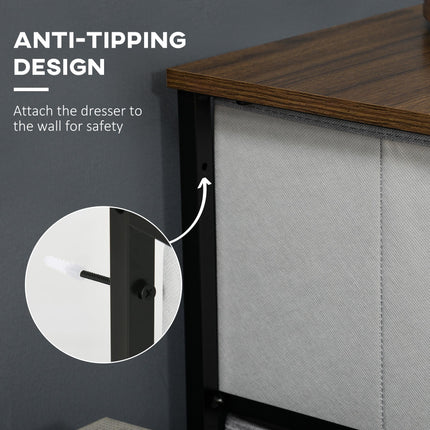 Industrial Chest of Drawers with 5 Fabric Storage Drawers, Steel Frame & Wooden Top - Grey