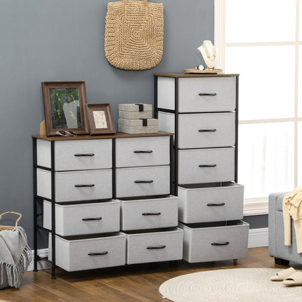 Industrial Chest of Drawers with 5 Fabric Storage Drawers, Steel Frame & Wooden Top - Grey