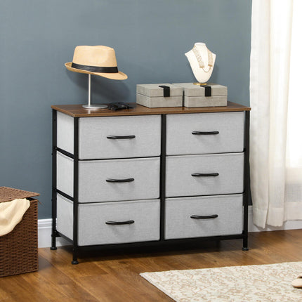 Chest of Drawers with 6 Fabric Storage Drawers, Steel Frame & Wooden Top - Grey