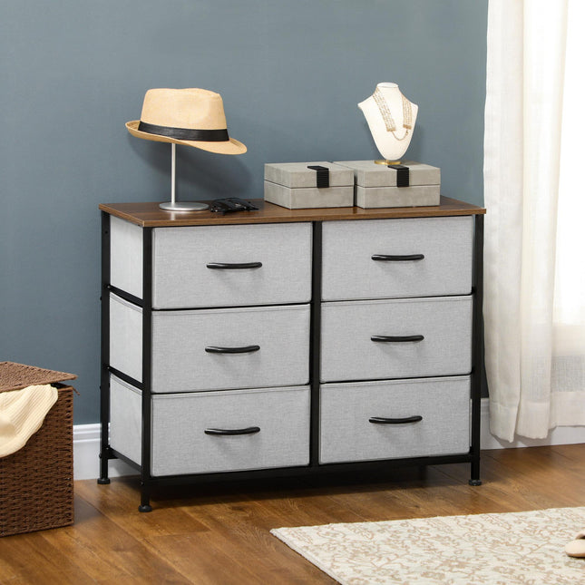 Chest of Drawers with 6 Fabric Storage Drawers, Steel Frame & Wooden Top - Grey