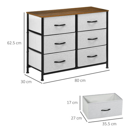 Chest of Drawers with 6 Fabric Storage Drawers, Steel Frame & Wooden Top - Grey
