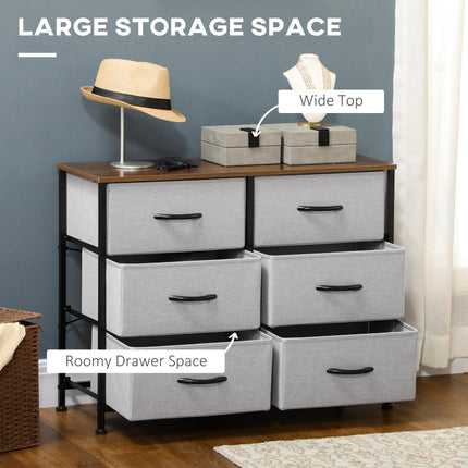 Chest of Drawers with 6 Fabric Storage Drawers, Steel Frame & Wooden Top - Grey