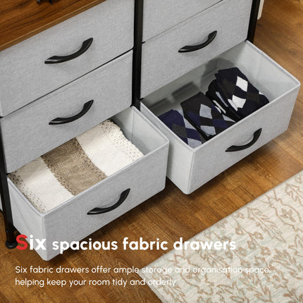 Chest of Drawers with 6 Fabric Storage Drawers, Steel Frame & Wooden Top - Grey