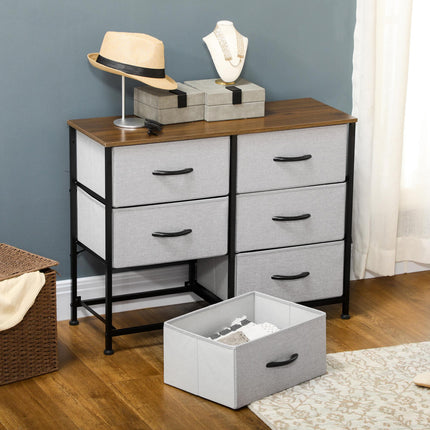 Chest of Drawers with 6 Fabric Storage Drawers, Steel Frame & Wooden Top - Grey