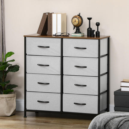 Industrial Chest of Drawers with 8 Fabric Storage Drawers, Steel Frame & Wooden Top - Grey