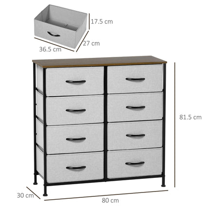 Industrial Chest of Drawers with 8 Fabric Storage Drawers, Steel Frame & Wooden Top - Grey