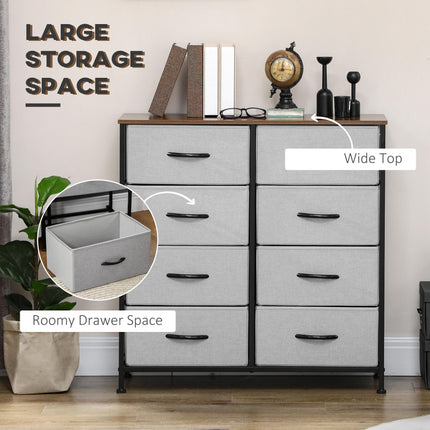 Industrial Chest of Drawers with 8 Fabric Storage Drawers, Steel Frame & Wooden Top - Grey