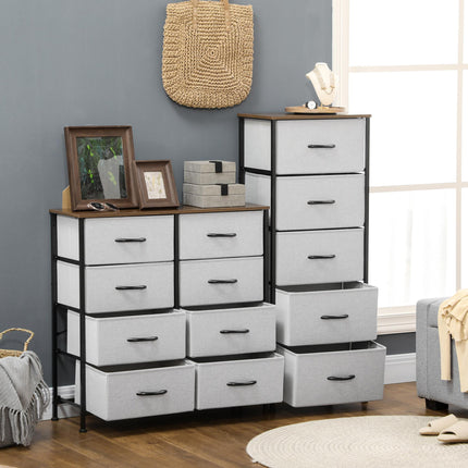 Industrial Chest of Drawers with 8 Fabric Storage Drawers, Steel Frame & Wooden Top - Grey