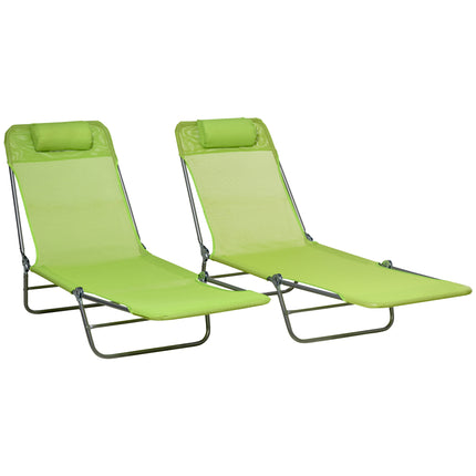 Folding Sun Lounger Set of 2 with Pillow, Reclining Steel Frame Outdoor Day Beds - Green