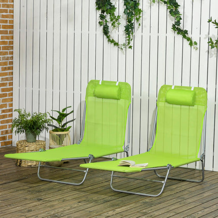 Folding Sun Lounger Set of 2 with Pillow, Reclining Steel Frame Outdoor Day Beds - Green