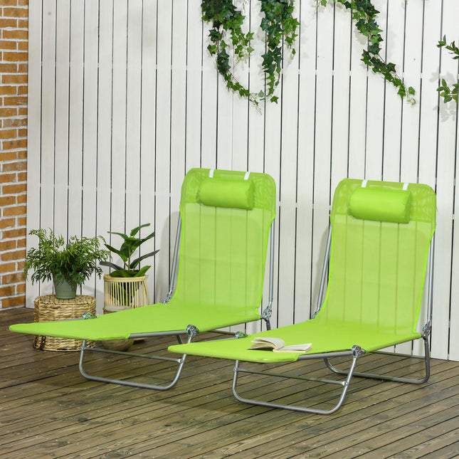 Folding Sun Lounger Set of 2 with Pillow, Reclining Steel Frame Outdoor Day Beds - Green