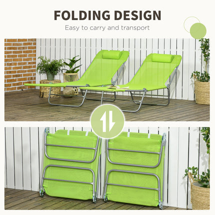 Folding Sun Lounger Set of 2 with Pillow, Reclining Steel Frame Outdoor Day Beds - Green