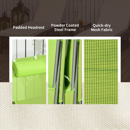 Folding Sun Lounger Set of 2 with Pillow, Reclining Steel Frame Outdoor Day Beds - Green