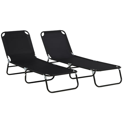 Set of 2 Folding Outdoor Sun Loungers with Reclining Back, Steel Frame Garden Chairs - Black