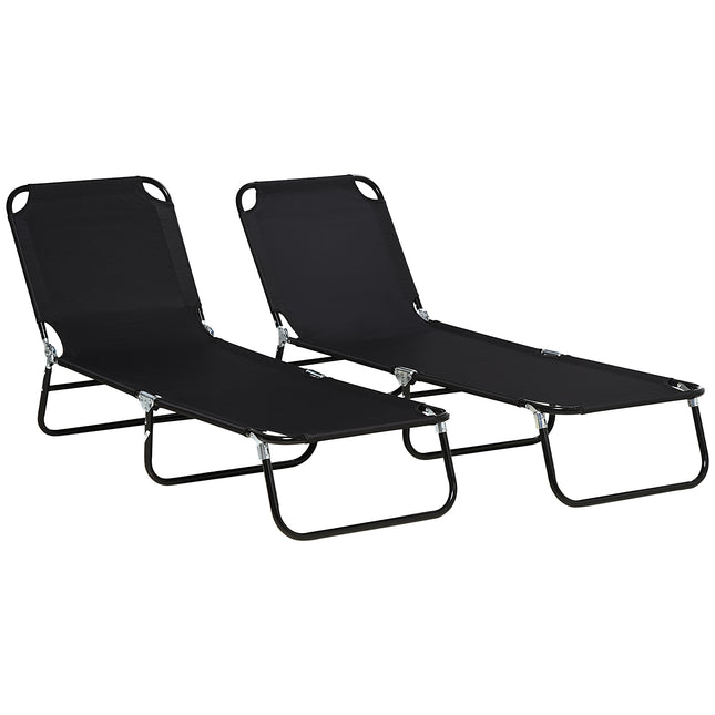 Set of 2 Folding Outdoor Sun Loungers with Reclining Back, Steel Frame Garden Chairs - Black