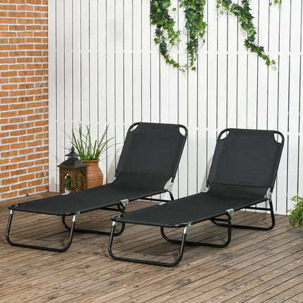 Set of 2 Folding Outdoor Sun Loungers with Reclining Back, Steel Frame Garden Chairs - Black