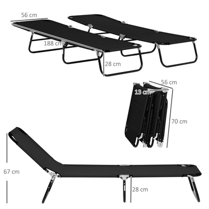 Set of 2 Folding Outdoor Sun Loungers with Reclining Back, Steel Frame Garden Chairs - Black