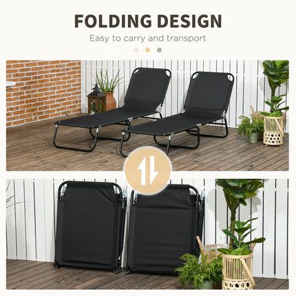 Set of 2 Folding Outdoor Sun Loungers with Reclining Back, Steel Frame Garden Chairs - Black