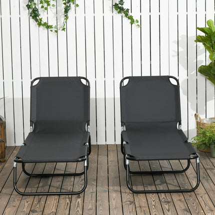 Set of 2 Folding Outdoor Sun Loungers with Reclining Back, Steel Frame Garden Chairs - Black