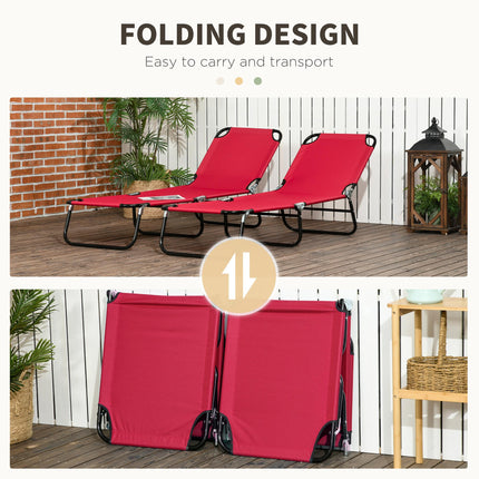 Set of 2 Folding Outdoor Sun Loungers with 5-Position Adjustable Backrest - Wine Red