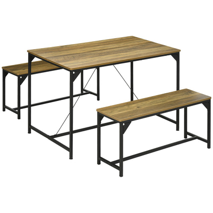 Dining Table and 2 Bench Set for 4 with Space-Saving Design - Natural