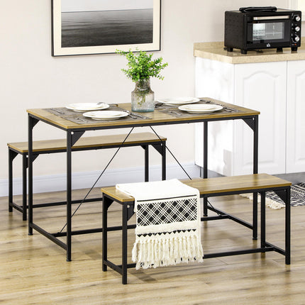 Dining Table and 2 Bench Set for 4 with Space-Saving Design - Natural