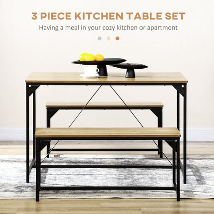 Dining Table and 2 Bench Set for 4 with Space-Saving Design - Natural