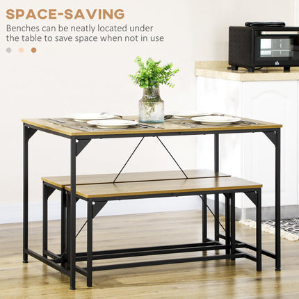 Dining Table and 2 Bench Set for 4 with Space-Saving Design - Natural