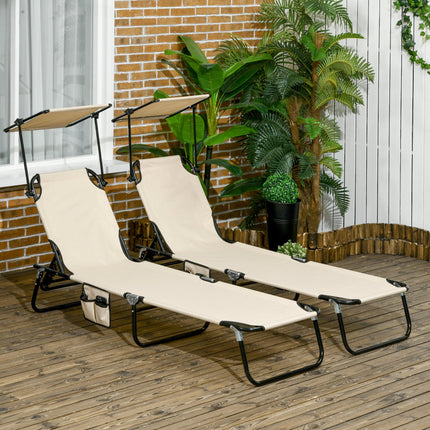 2 Piece Folding Adjustable Sun Loungers with Canopy and Side Pocket - Tan Brown