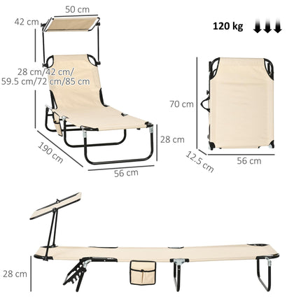 2 Piece Folding Adjustable Sun Loungers with Canopy and Side Pocket - Tan Brown