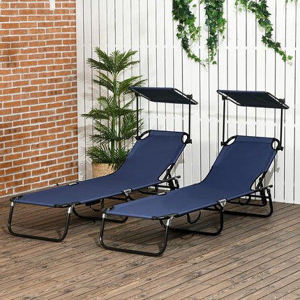 Set of Two Folding Sun Loungers with Adjustable Backs and Sun Canopies - Dark Blue