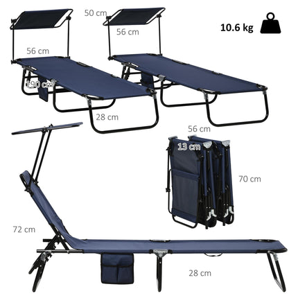 Set of Two Folding Sun Loungers with Adjustable Backs and Sun Canopies - Dark Blue