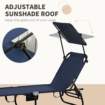 Set of Two Folding Sun Loungers with Adjustable Backs and Sun Canopies - Dark Blue