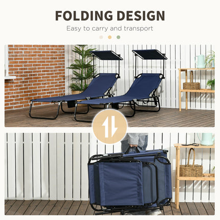Set of Two Folding Sun Loungers with Adjustable Backs and Sun Canopies - Dark Blue