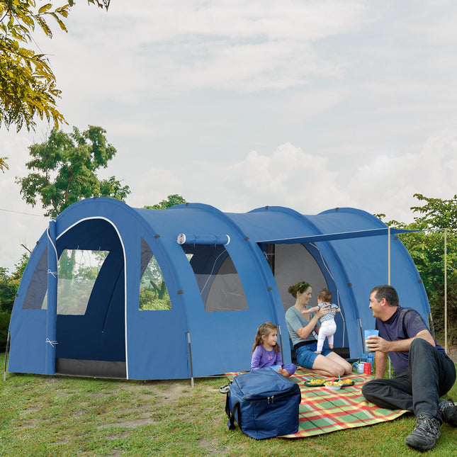 5-6 Man Waterproof Tunnel Tent with Sewn-In Floor and Carry Bag - Blue
