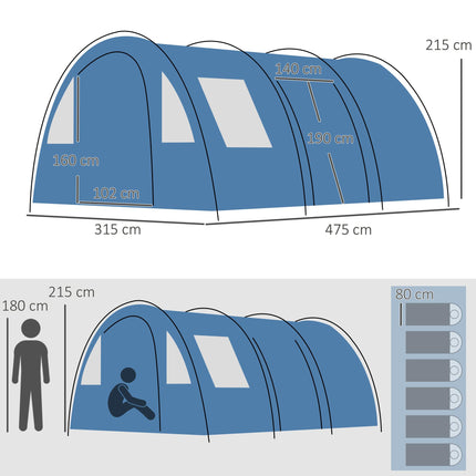 5-6 Man Waterproof Tunnel Tent with Sewn-In Floor and Carry Bag - Blue